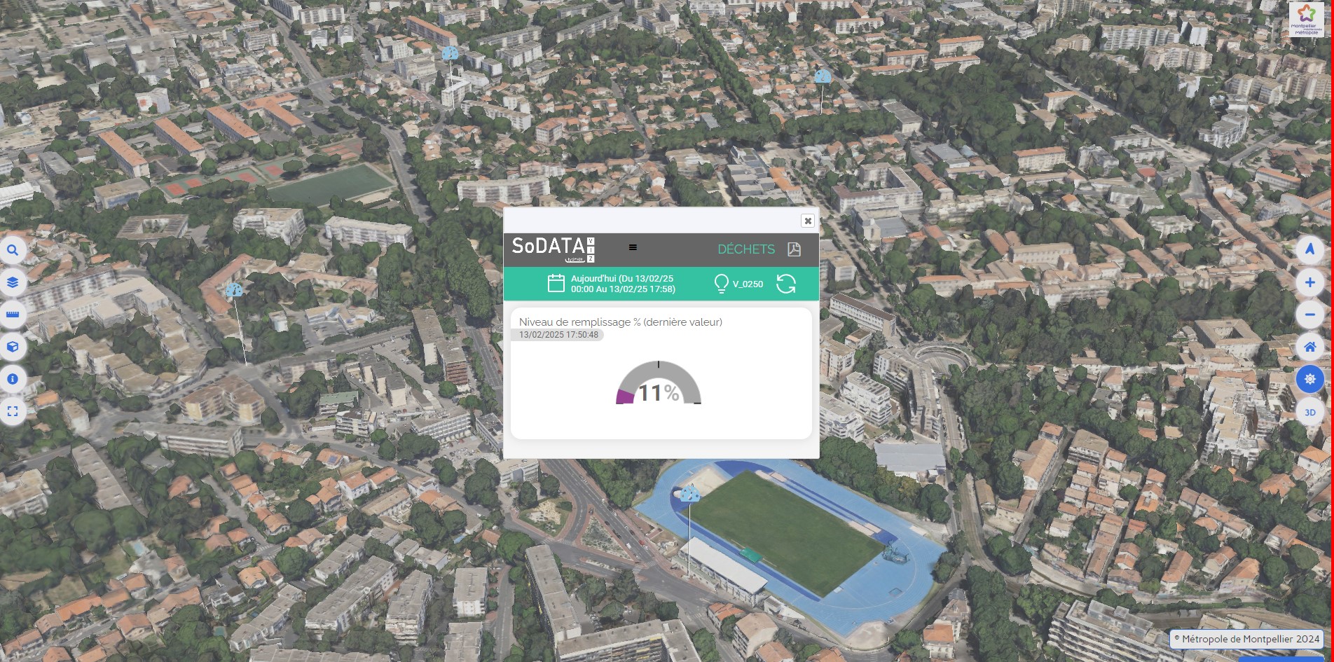 carte affichant le taux de remplissage d'un conteneur déchêts